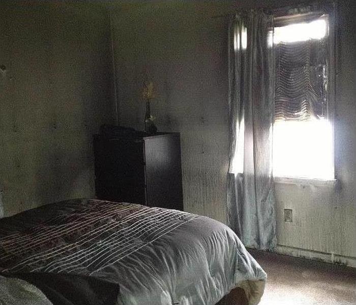 Smoke and Soot Covering bedroom, Bed and walls 