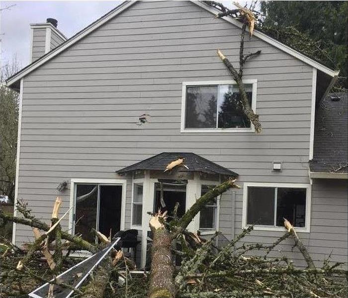 Gray two story house with storm damage trees falling on house 